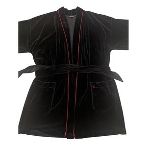 Pierre Cardin Robe Black Velvet Red Trimmed Belted Short Sleeve‎ Pockets Retro